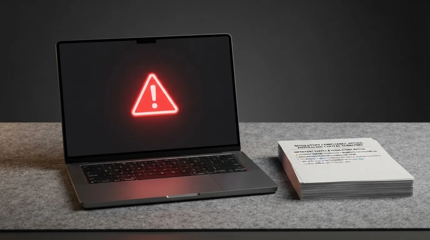 A red triangular warning sign icon on a laptop screen next to a stack of legal papers, symbolising an official caution rather than any specific website.