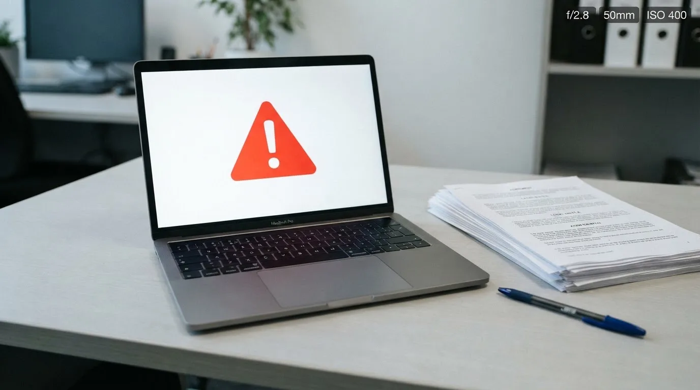 A red triangular warning sign icon on a laptop screen next to a stack of legal papers, symbolising an official caution rather than any specific website.