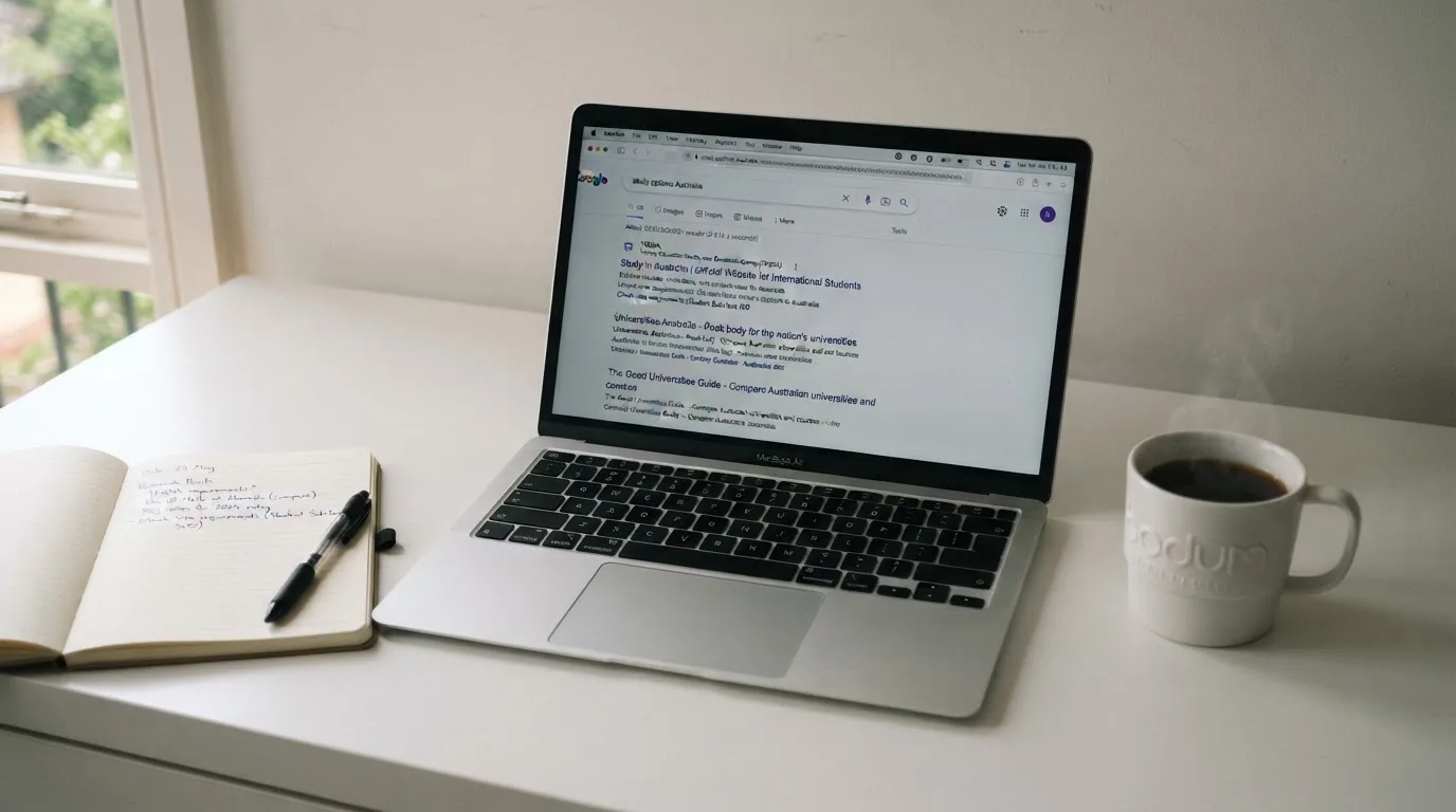 A tidy desk with a laptop open on a plain search-results page, a notebook and a coffee cup beside it, no screens showing any casino branding.