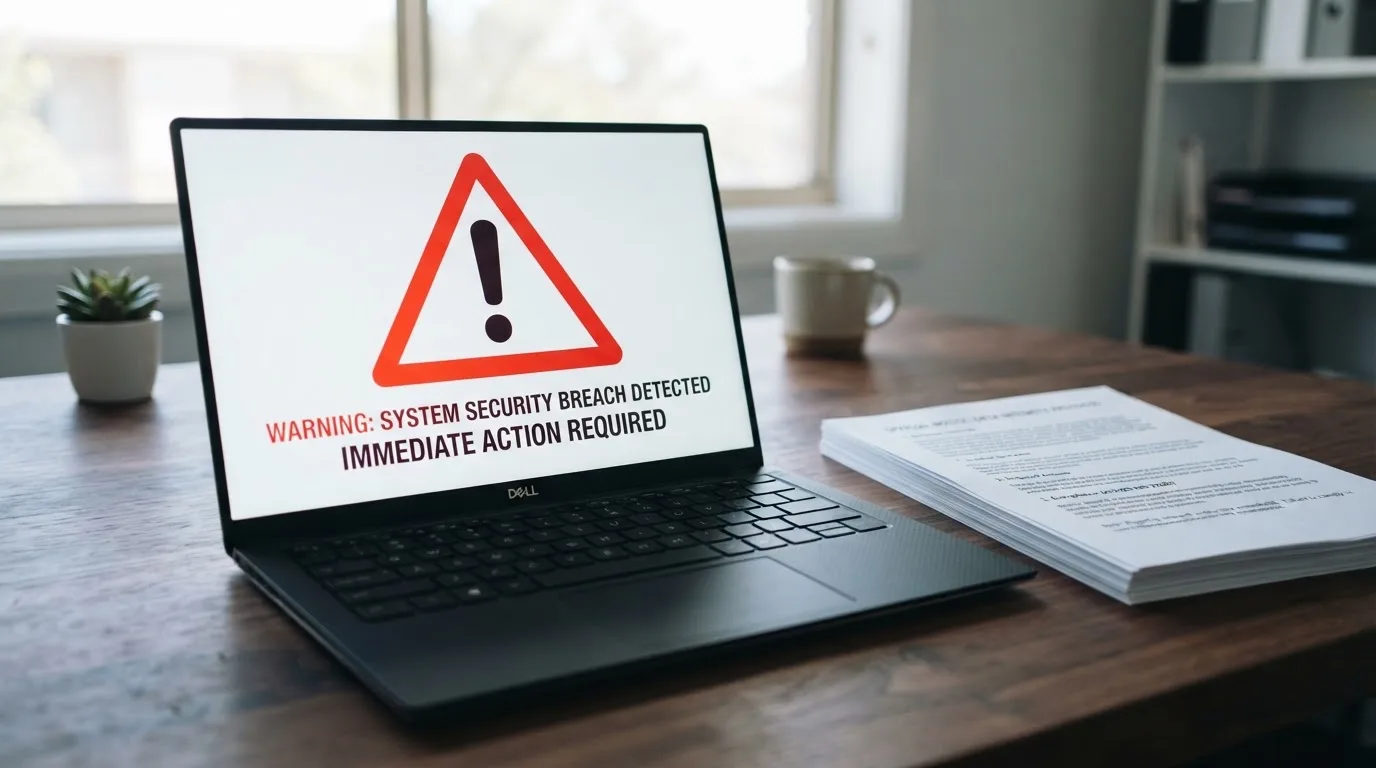 A red triangular warning sign icon on a laptop screen next to a stack of legal papers, symbolising an official caution rather than any specific website.