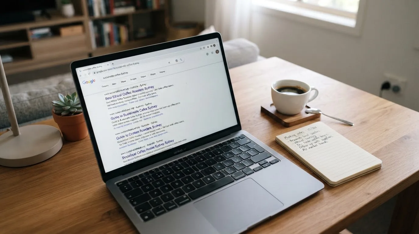 A tidy desk with a laptop open on a plain search-results page, a notebook and a coffee cup beside it, no screens showing any casino branding.