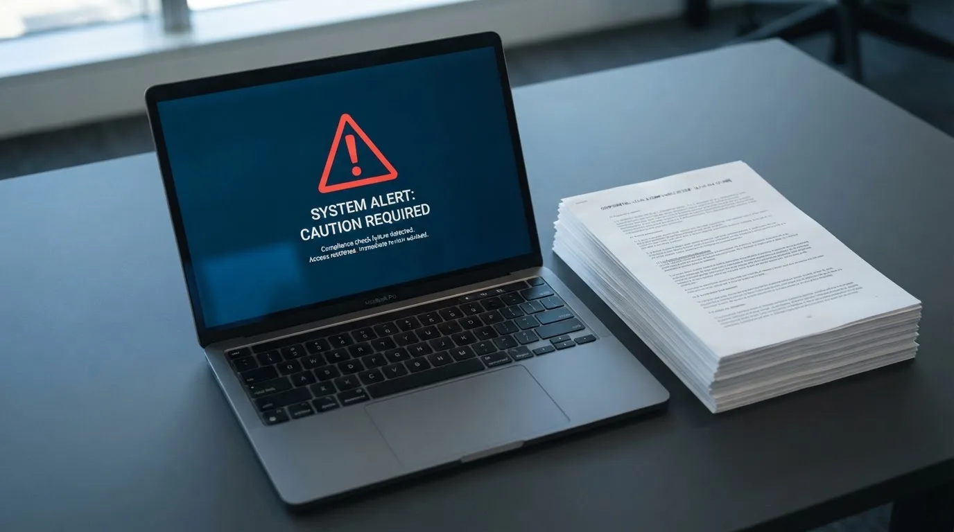 A red triangular warning sign icon on a laptop screen next to a stack of legal papers, symbolising an official caution rather than any specific website.