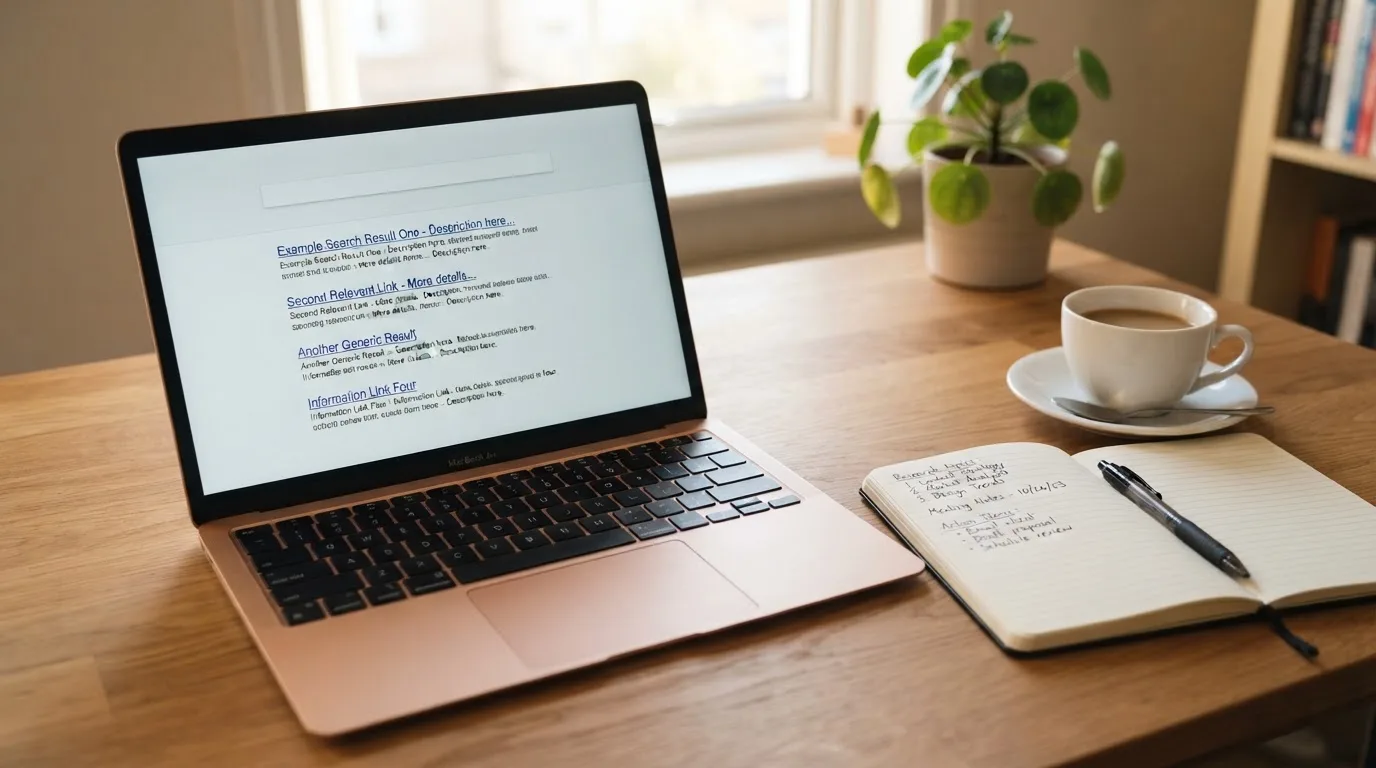 A tidy desk with a laptop open on a plain search-results page, a notebook and a coffee cup beside it, no screens showing any casino branding.