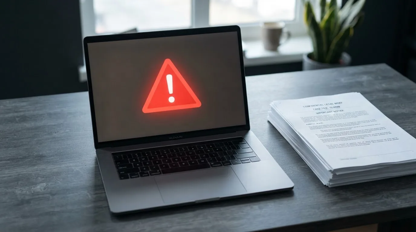 A red triangular warning sign icon on a laptop screen next to a stack of legal papers, symbolising an official caution rather than any specific website.