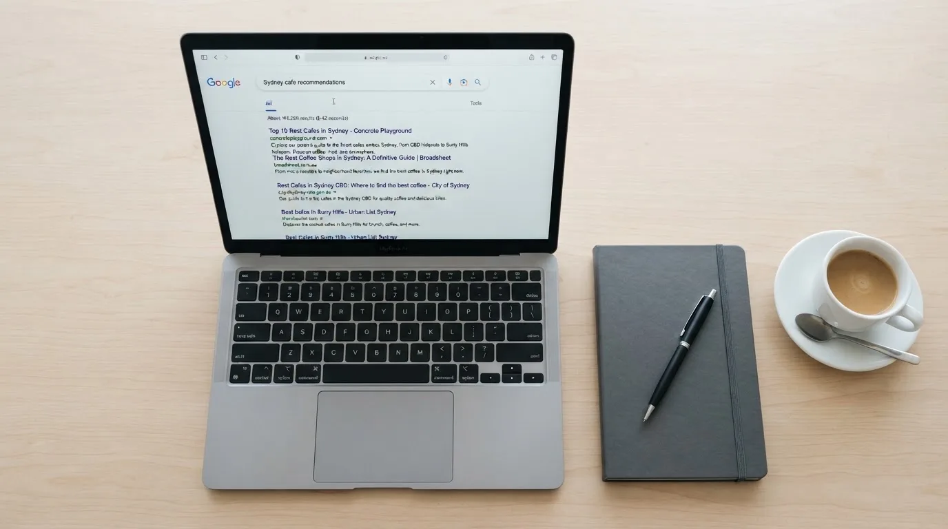 A tidy desk with a laptop open on a plain search-results page, a notebook and a coffee cup beside it, no screens showing any casino branding.