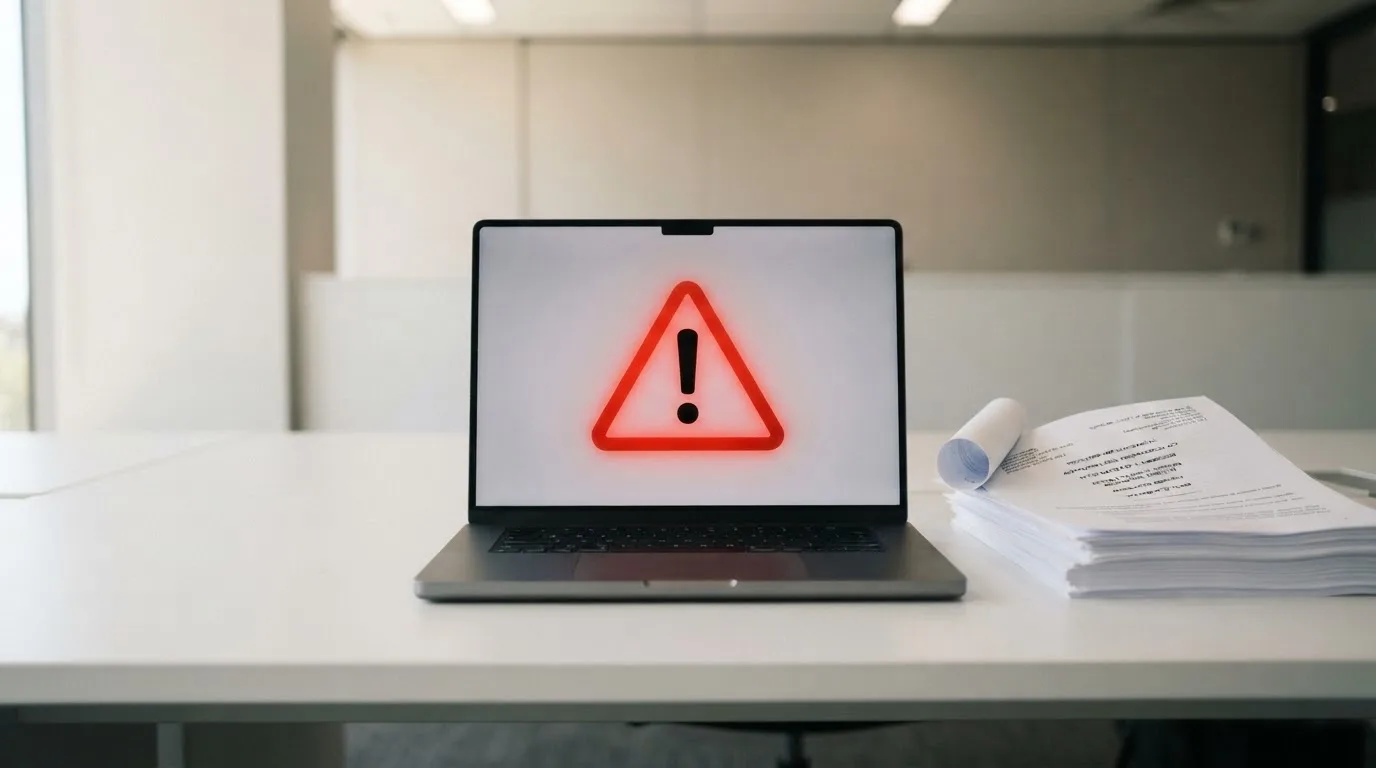 A red triangular warning sign icon on a laptop screen next to a stack of legal papers, symbolising an official caution rather than any specific website.