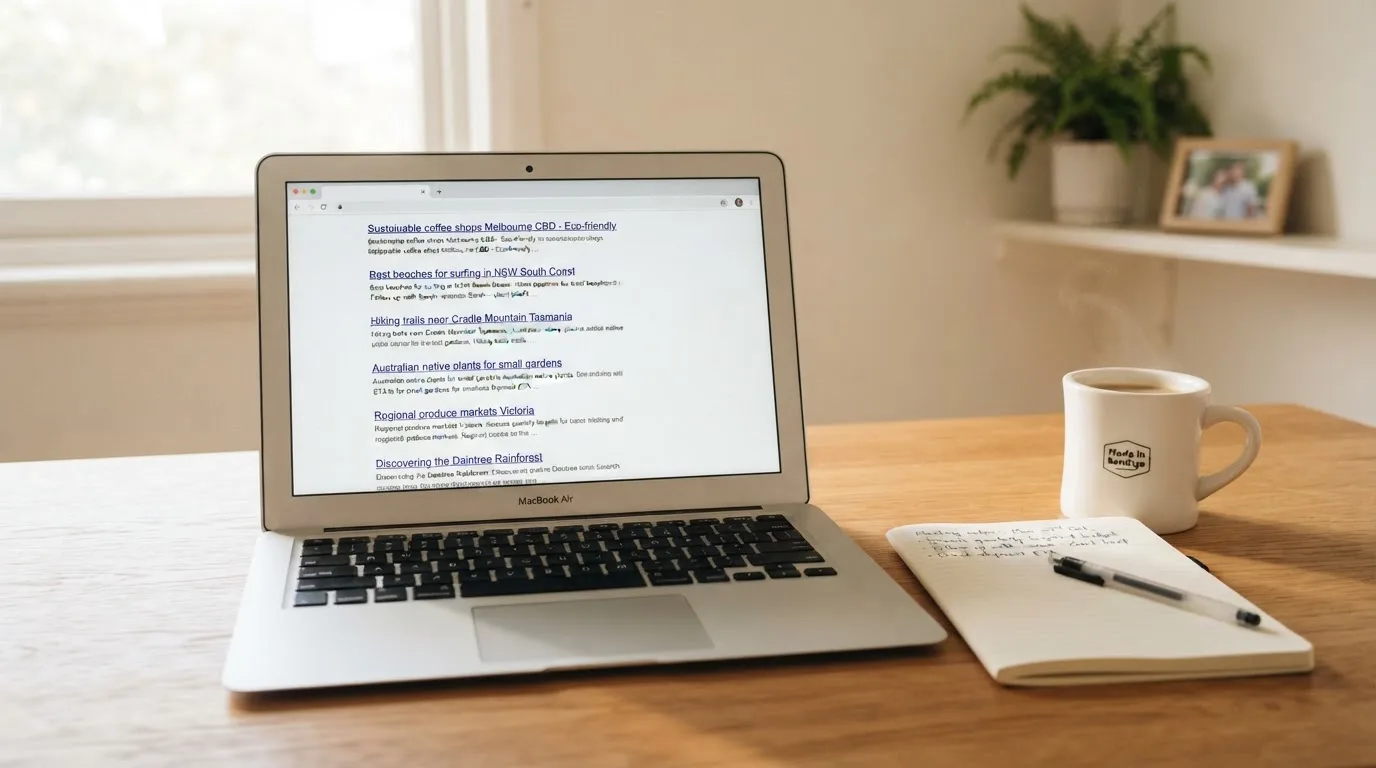 A tidy desk with a laptop open on a plain search-results page, a notebook and a coffee cup beside it, no screens showing any casino branding.