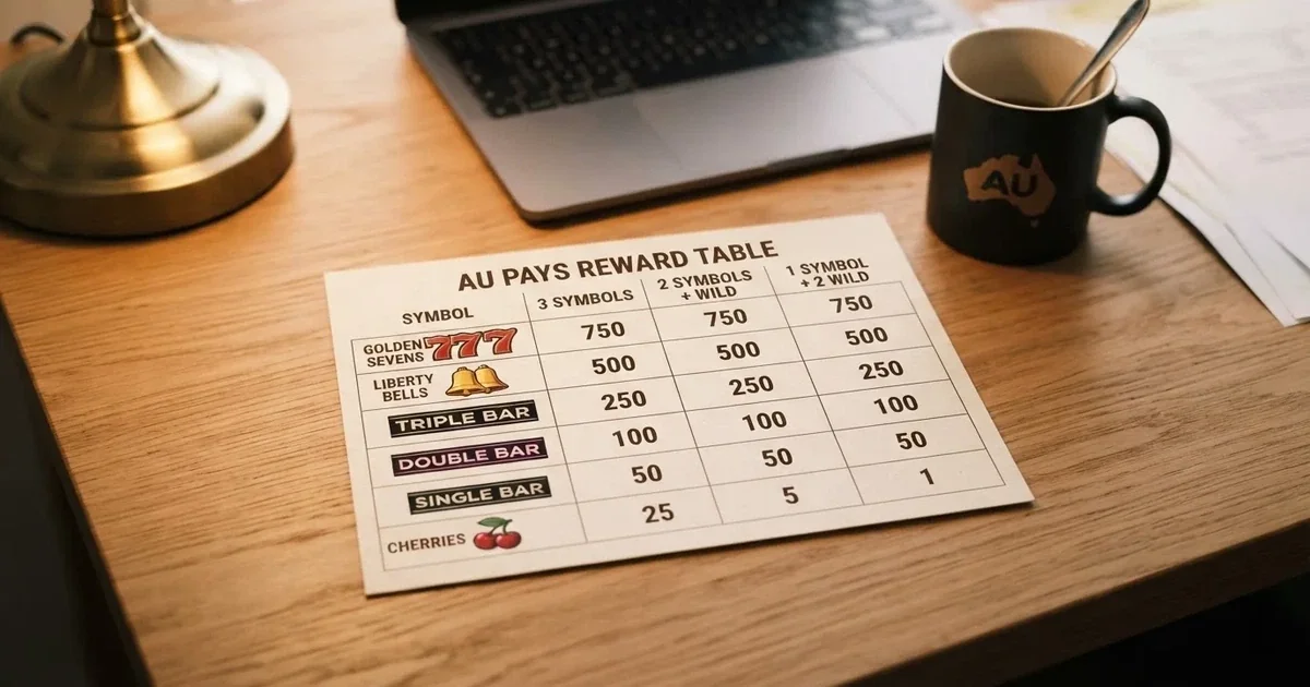 A printed strip of generic slot symbols and payout numbers laid on a desk, like a reference chart rather than a live game.