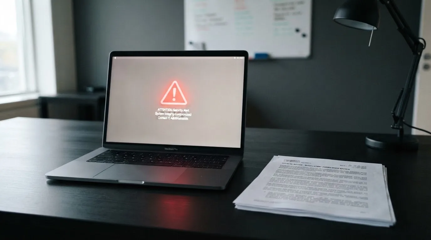 A red triangular warning sign icon on a laptop screen next to a stack of legal papers, symbolising an official caution rather than any specific website.
