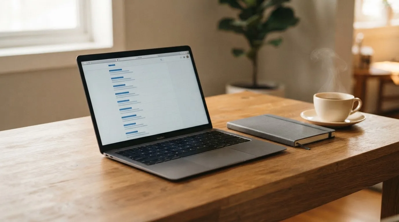 A tidy desk with a laptop open on a plain search-results page, a notebook and a coffee cup beside it, no screens showing any casino branding.
