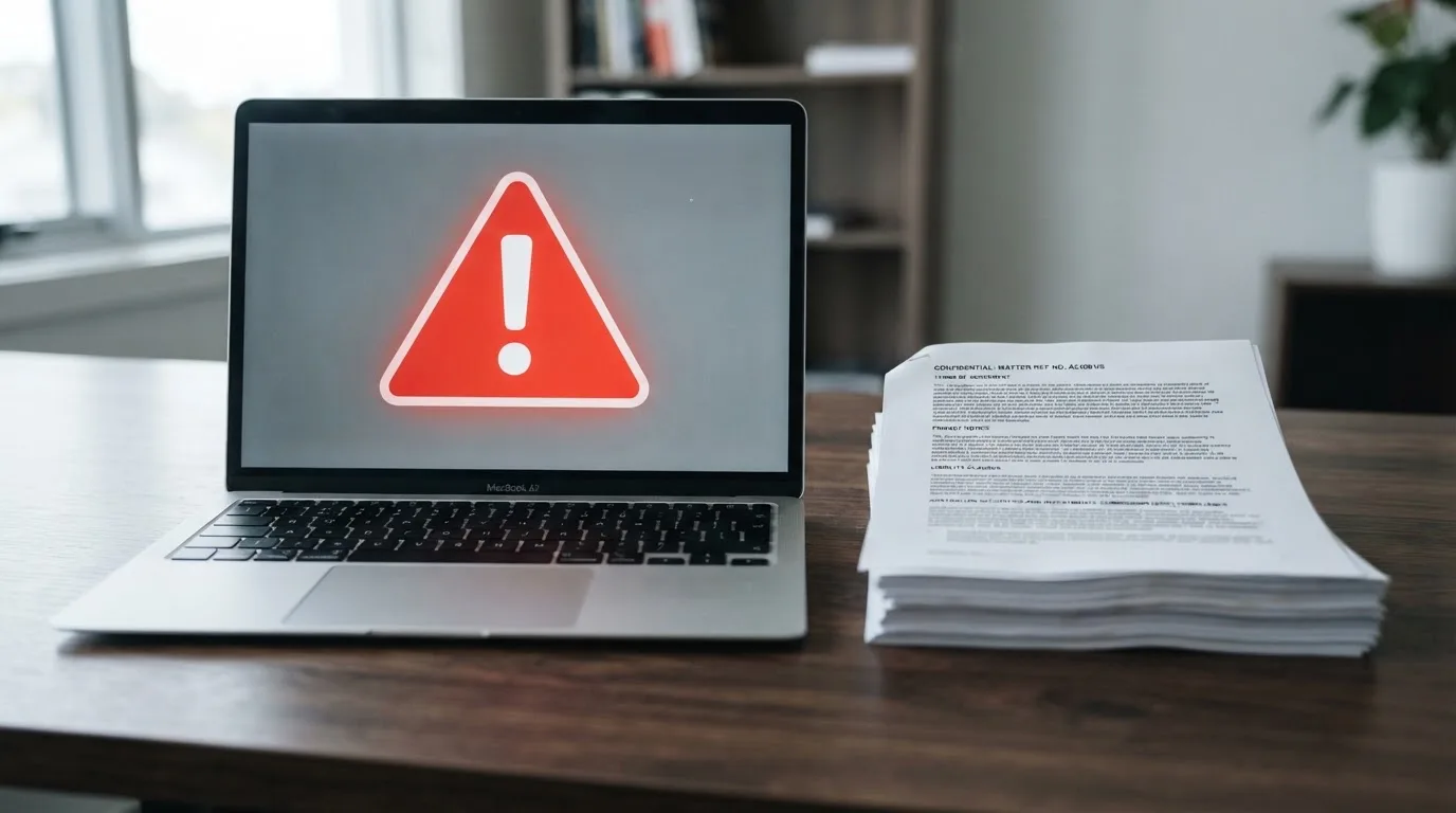 A red triangular warning sign icon on a laptop screen next to a stack of legal papers, symbolising an official caution rather than any specific website.
