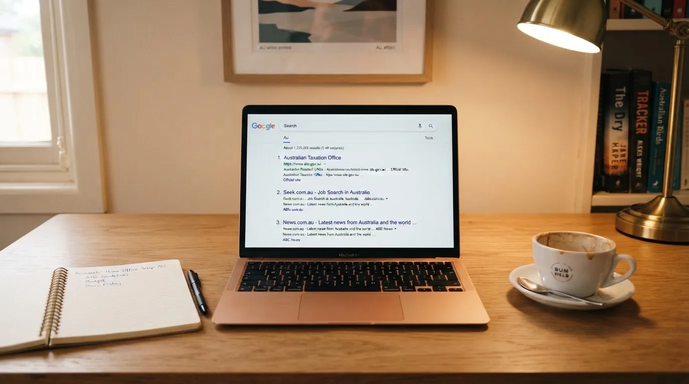 A tidy desk with a laptop open on a plain search-results page, a notebook and a coffee cup beside it, no screens showing any casino branding.