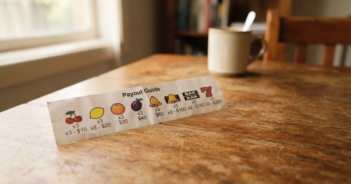 A printed strip of generic slot symbols and payout numbers laid on a desk, like a reference chart rather than a live game.