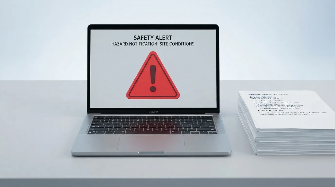 A red triangular warning sign icon on a laptop screen next to a stack of legal papers, symbolising an official caution rather than any specific website.