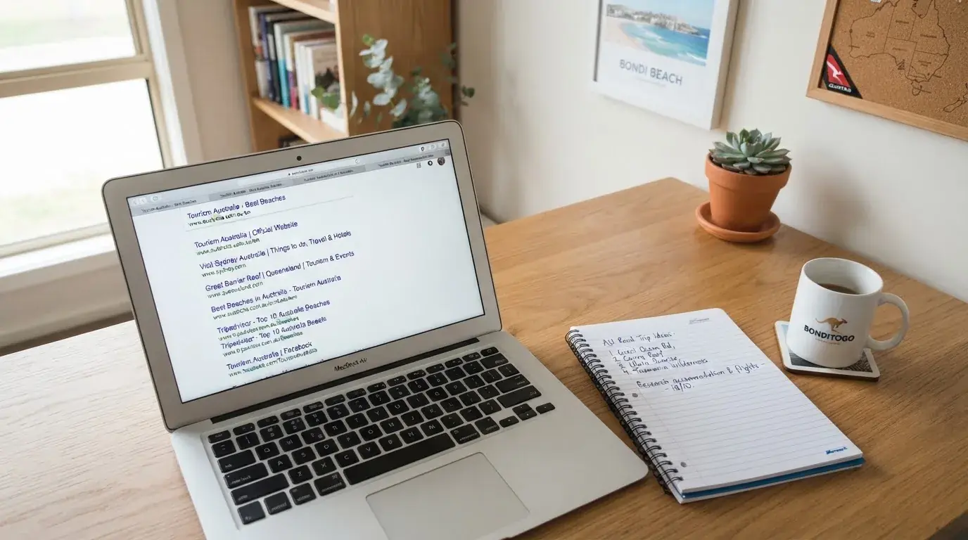 A tidy desk with a laptop open on a plain search-results page, a notebook and a coffee cup beside it, no screens showing any casino branding.