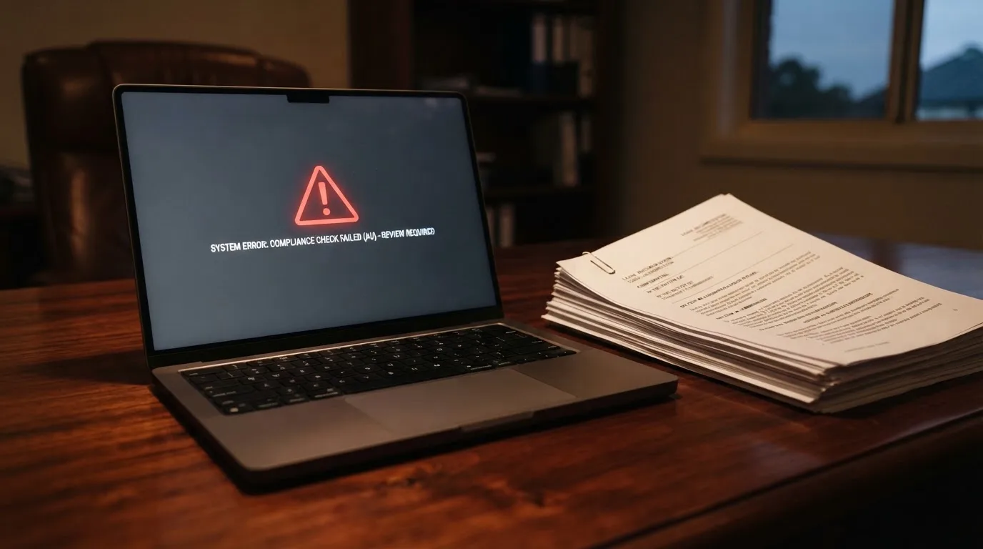 A red triangular warning sign icon on a laptop screen next to a stack of legal papers, symbolising an official caution rather than any specific website.