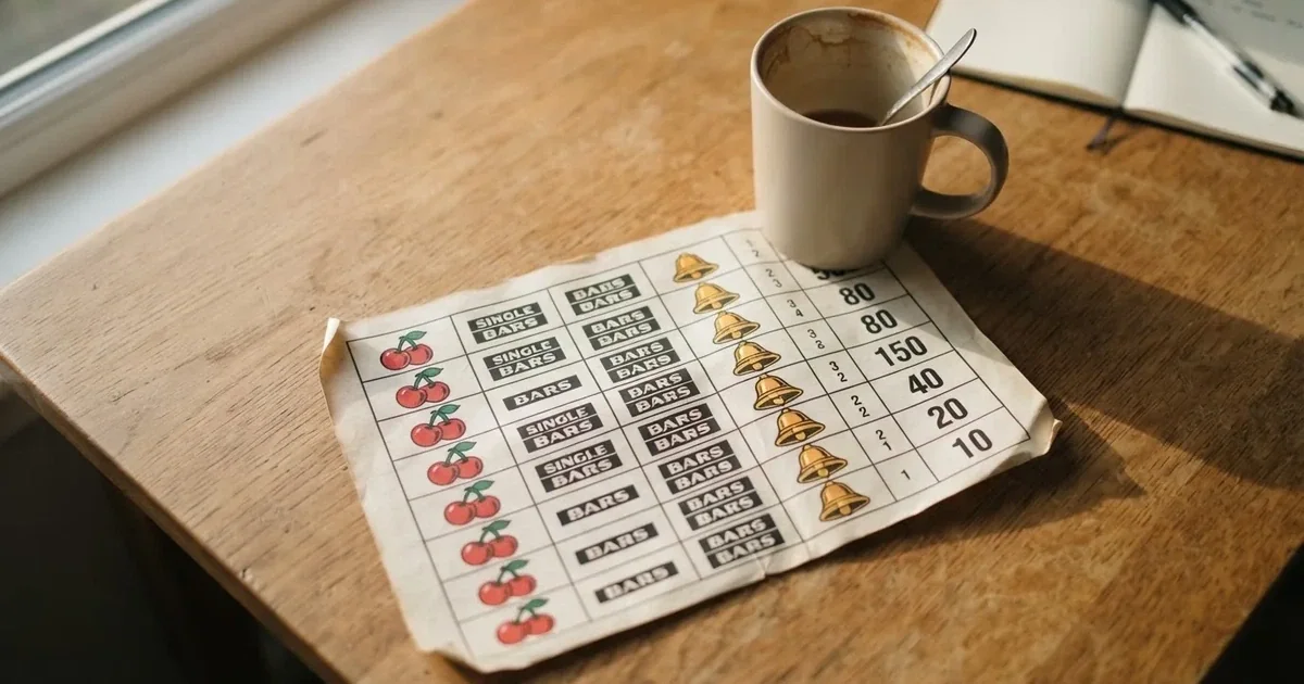 A printed strip of generic slot symbols and payout numbers laid on a desk, like a reference chart rather than a live game.