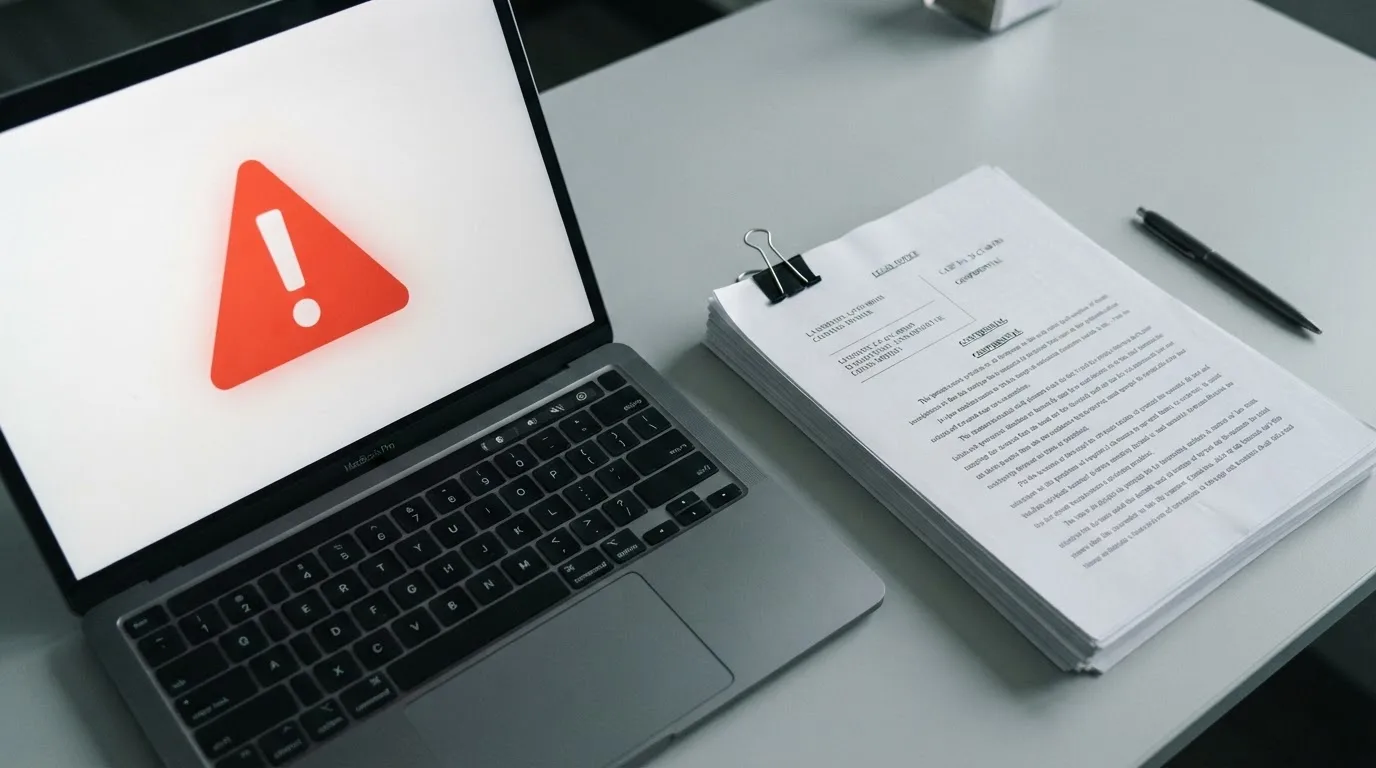 A red triangular warning sign icon on a laptop screen next to a stack of legal papers, symbolising an official caution rather than any specific website.