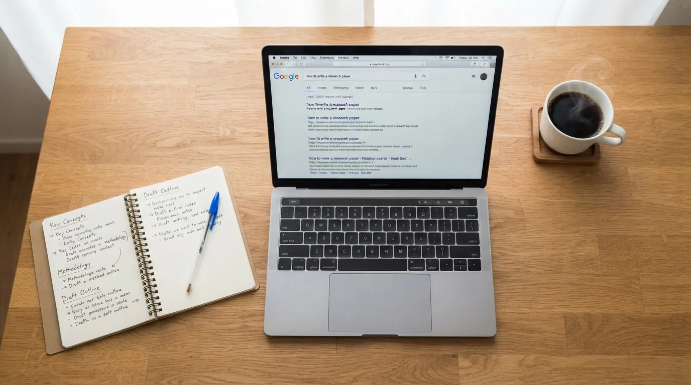 A tidy desk with a laptop open on a plain search-results page, a notebook and a coffee cup beside it, no screens showing any casino branding.