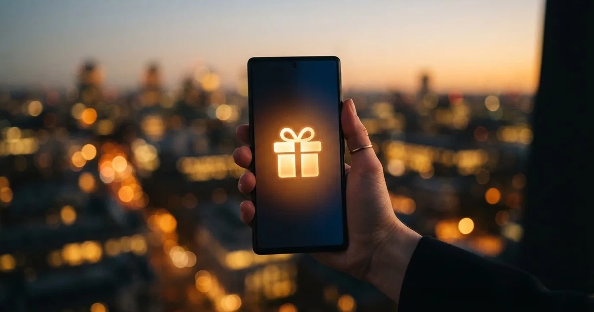 A gift box icon glowing on a phone screen, held at arm's length, suggesting an unopened offer rather than an active game.