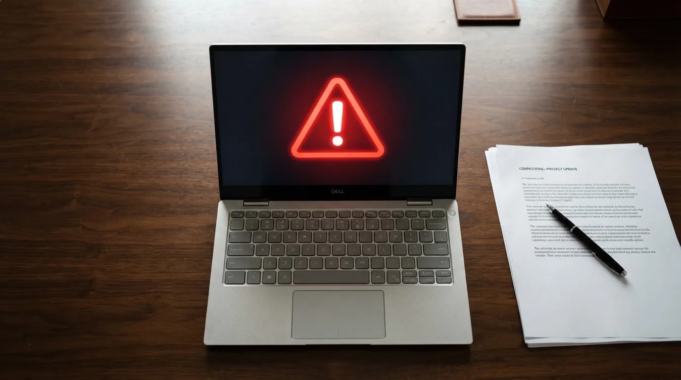 A red triangular warning sign icon on a laptop screen next to a stack of legal papers, symbolising an official caution rather than any specific website.