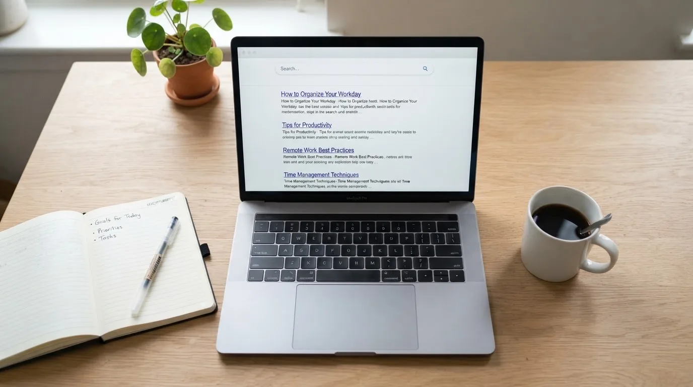 A tidy desk with a laptop open on a plain search-results page, a notebook and a coffee cup beside it, no screens showing any casino branding.