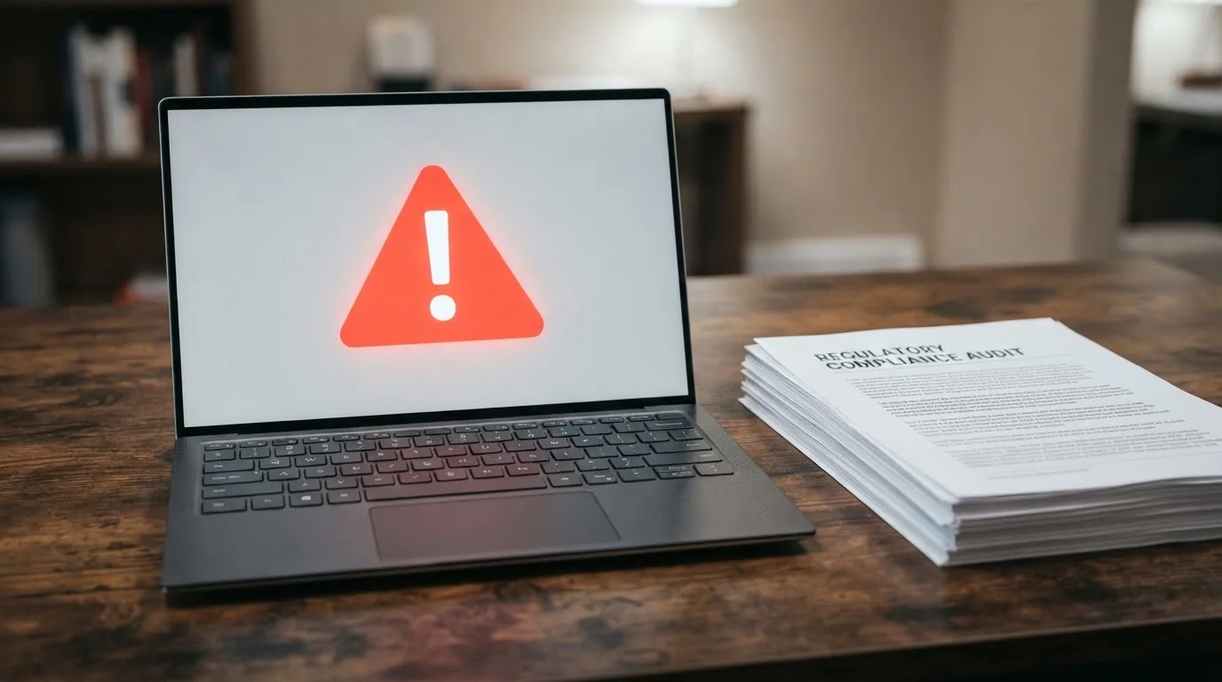 A red triangular warning sign icon on a laptop screen next to a stack of legal papers, symbolising an official caution rather than any specific website.