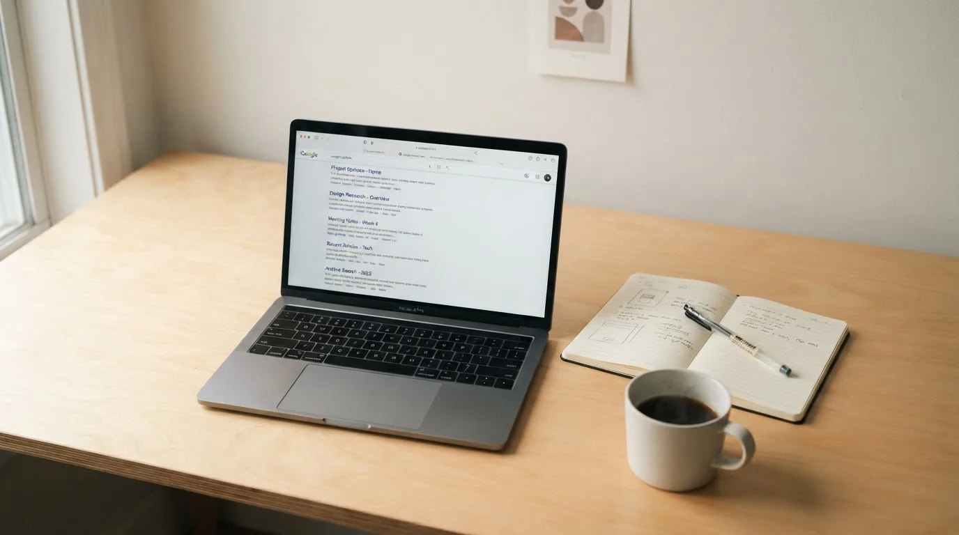 A tidy desk with a laptop open on a plain search-results page, a notebook and a coffee cup beside it, no screens showing any casino branding.