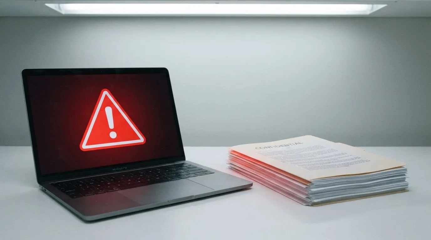 A red triangular warning sign icon on a laptop screen next to a stack of legal papers, symbolising an official caution rather than any specific website.