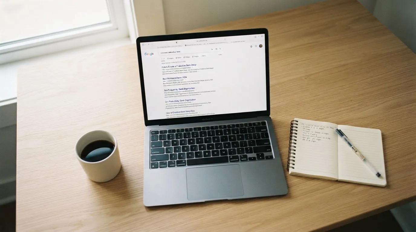 A tidy desk with a laptop open on a plain search-results page, a notebook and a coffee cup beside it, no screens showing any casino branding.