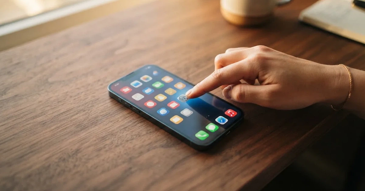 A hand tapping a smartphone screen showing generic app icons, none of them branded.