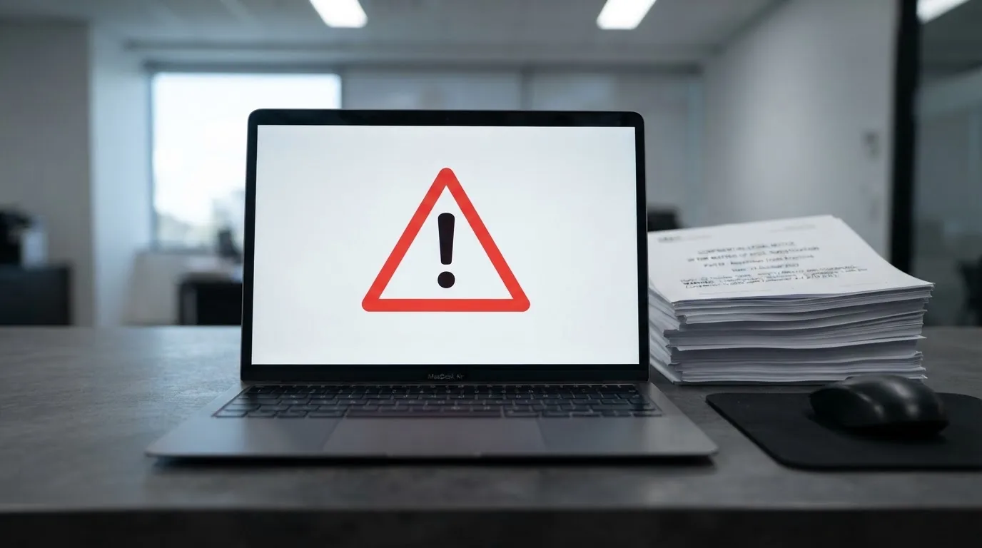 A red triangular warning sign icon on a laptop screen next to a stack of legal papers, symbolising an official caution rather than any specific website.