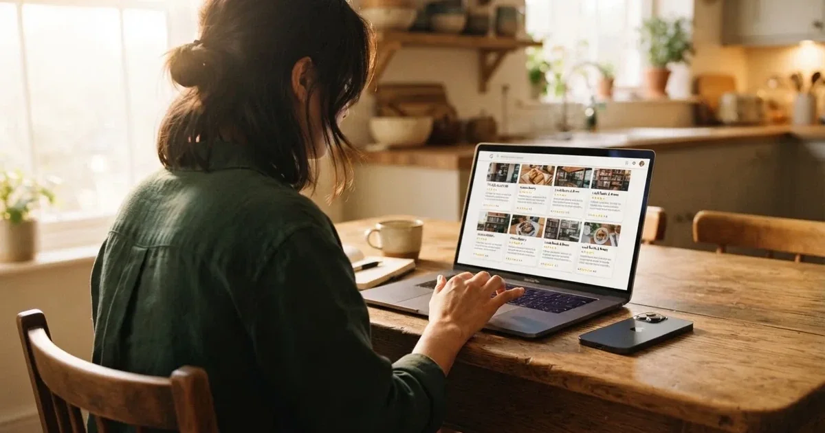 A person at a kitchen table scrolling through review pages on a laptop, phone face-down beside them.