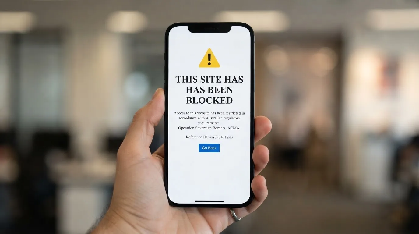 A smartphone screen showing a plain government warning notice about a blocked website, held against a blurred background.