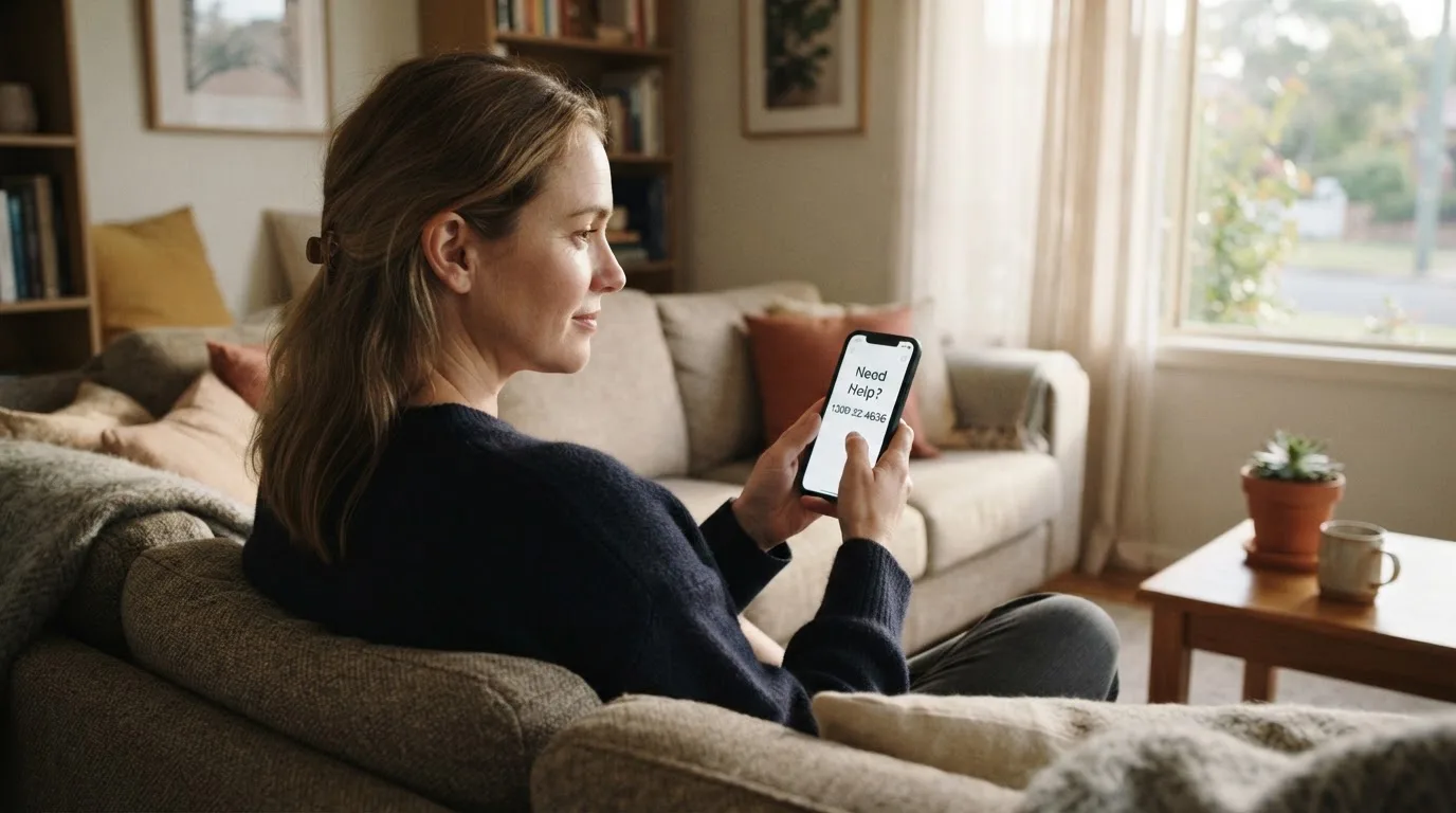 A person sitting calmly with a phone open to a support helpline page, no gaming screen visible.