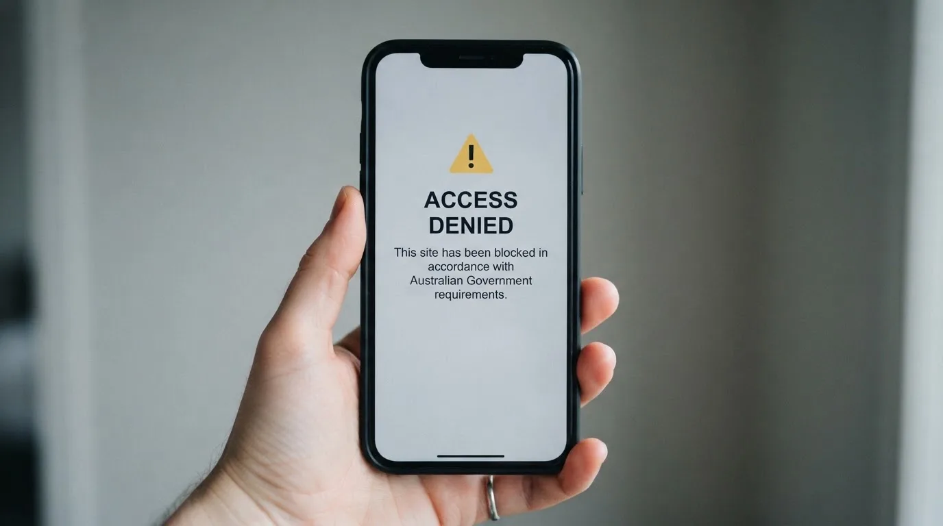 A smartphone screen showing a plain government warning notice about a blocked website, held against a blurred background.
