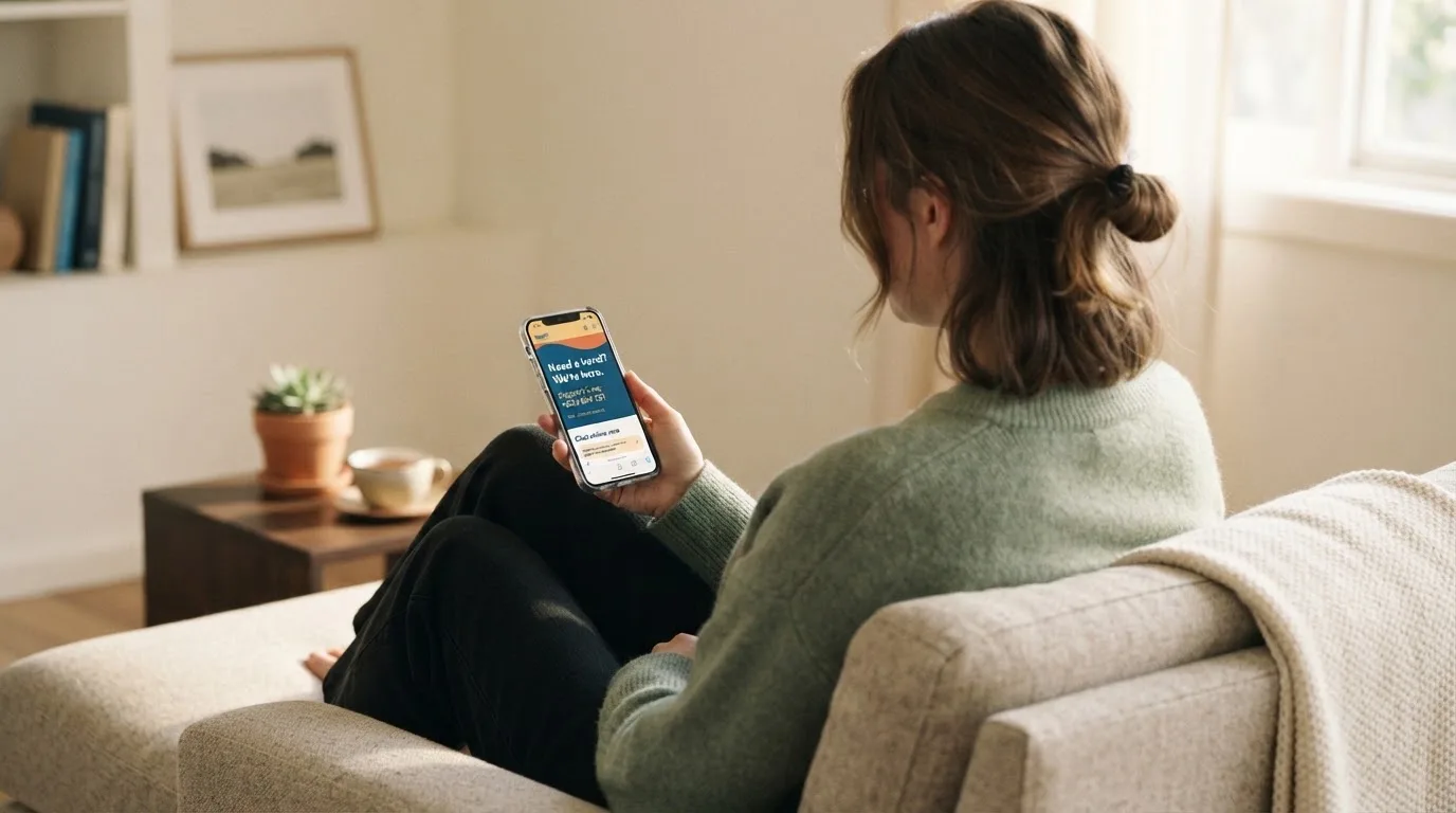 A person sitting calmly with a phone open to a support helpline page, no gaming screen visible.