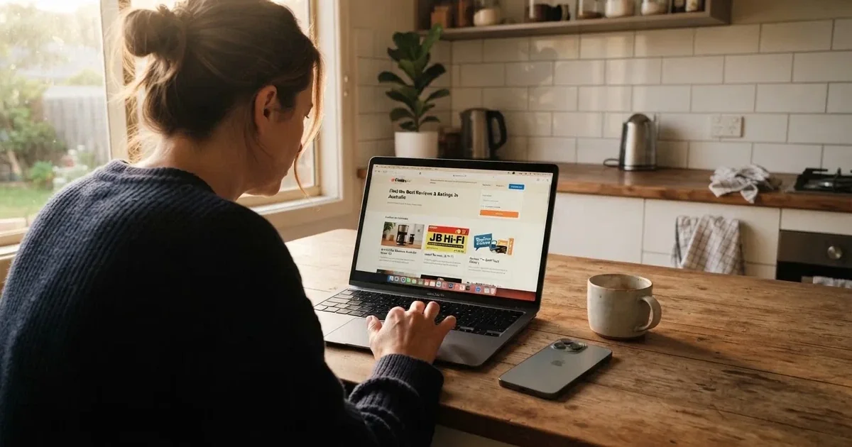 A person at a kitchen table scrolling through review pages on a laptop, phone face-down beside them.