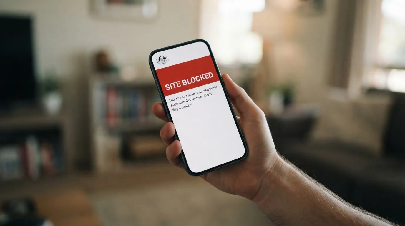 A smartphone screen showing a plain government warning notice about a blocked website, held against a blurred background.