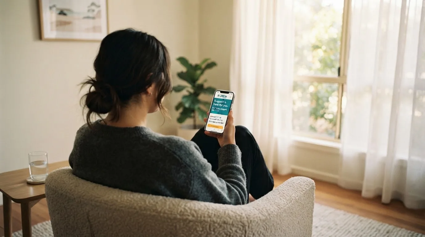 A person sitting calmly with a phone open to a support helpline page, no gaming screen visible.