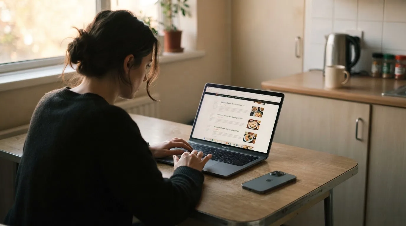 A person at a kitchen table scrolling through review pages on a laptop, phone face-down beside them.