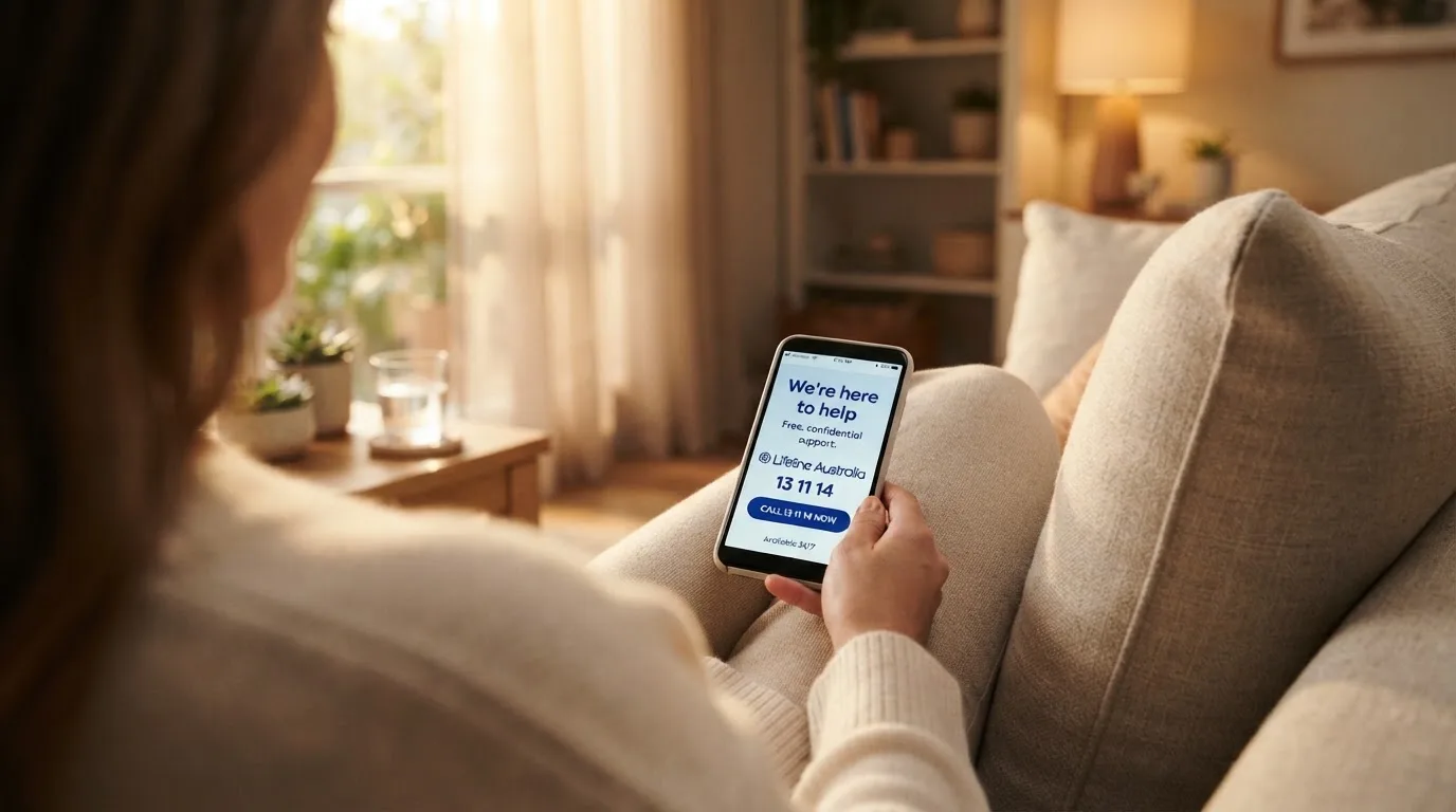 A person sitting calmly with a phone open to a support helpline page, no gaming screen visible.