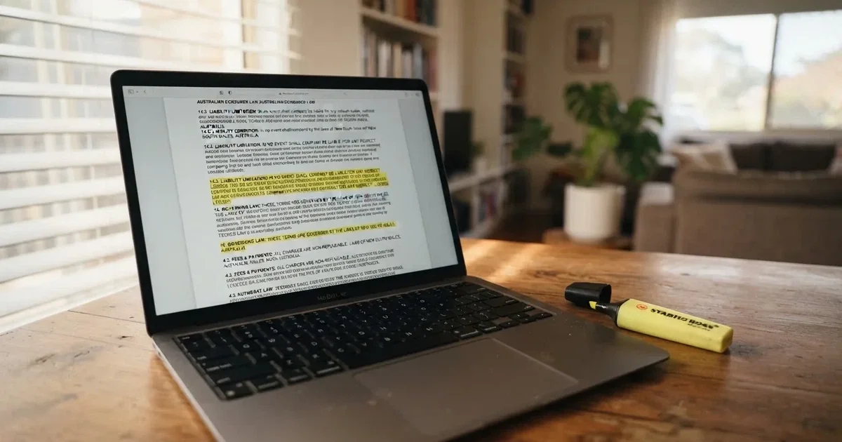 A laptop screen showing a page of terms and conditions text with a highlighter resting nearby.