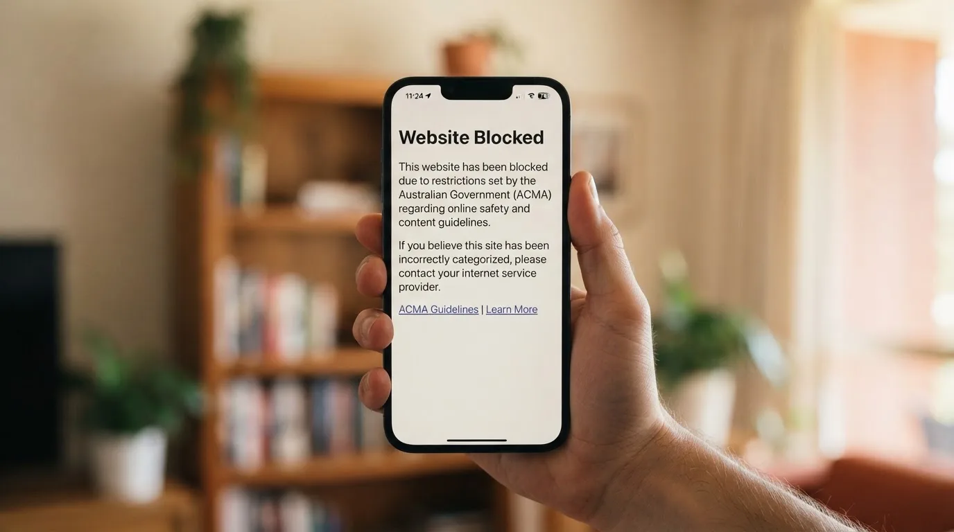 A smartphone screen showing a plain government warning notice about a blocked website, held against a blurred background.
