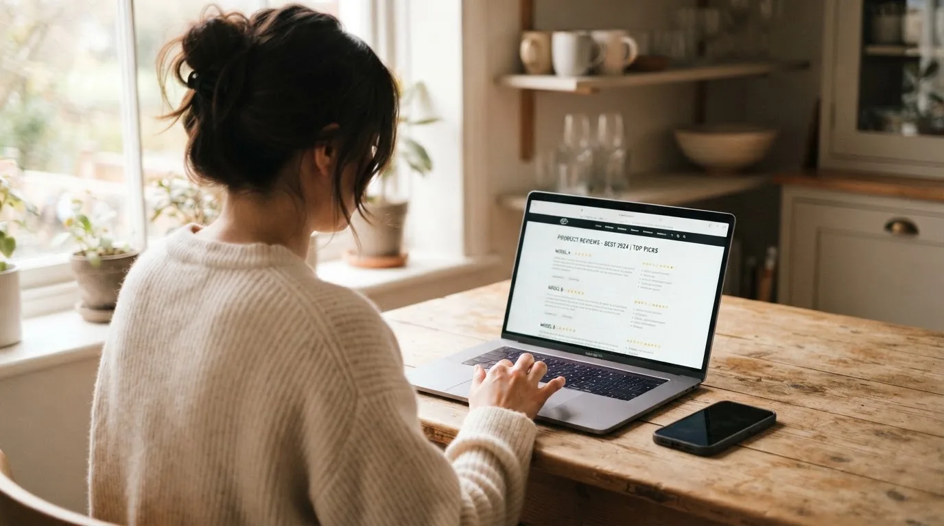 A person at a kitchen table scrolling through review pages on a laptop, phone face-down beside them.