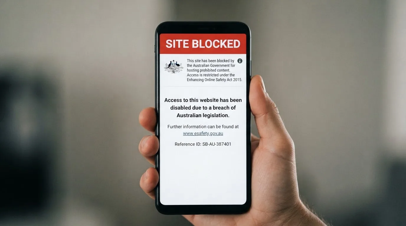 A smartphone screen showing a plain government warning notice about a blocked website, held against a blurred background.