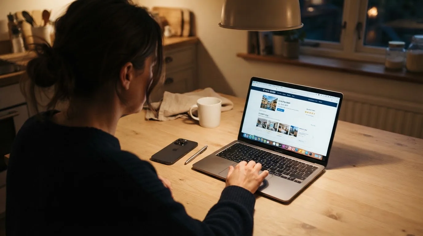 A person at a kitchen table scrolling through review pages on a laptop, phone face-down beside them.