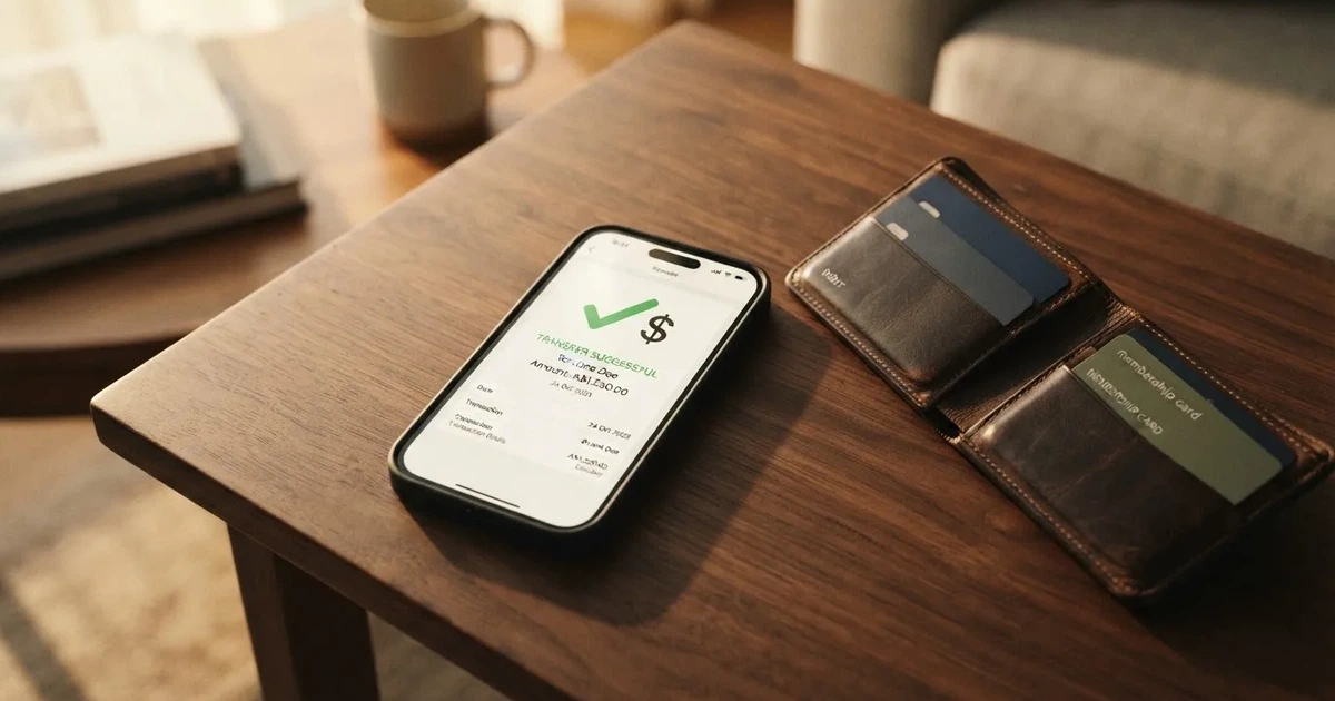 A phone screen showing a bank transfer confirmation, held next to a wallet on a table.