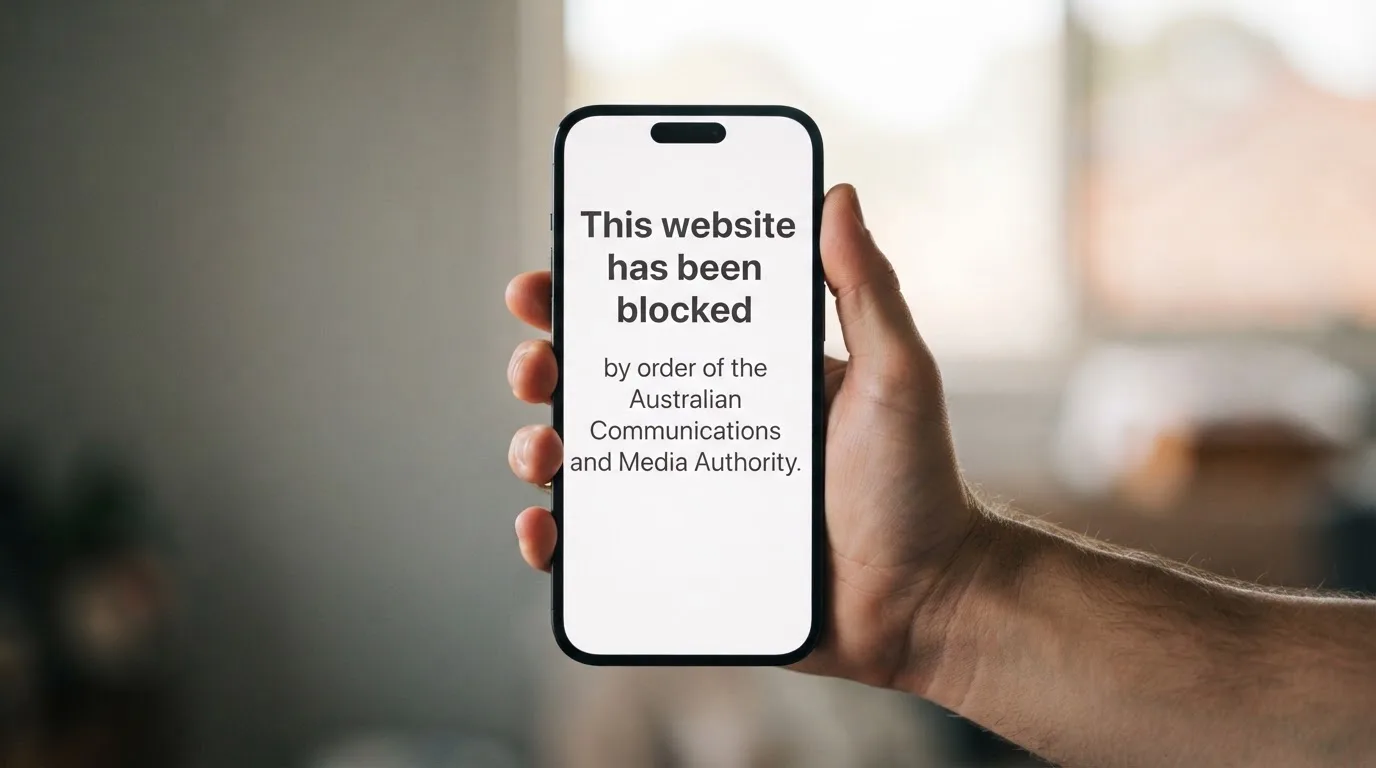 A smartphone screen showing a plain government warning notice about a blocked website, held against a blurred background.