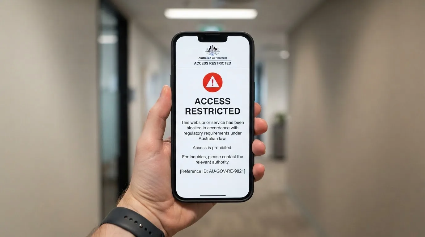 A smartphone screen showing a plain government warning notice about a blocked website, held against a blurred background.